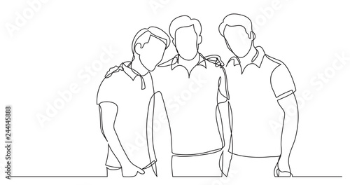 three male friends posing and hugging - one line drawing