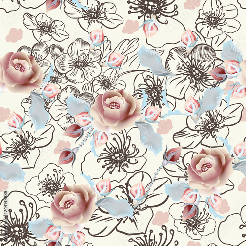 Fashion vector pattern with flowers in vintage style