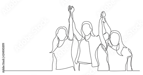 women team of winners holding hands - one line drawing