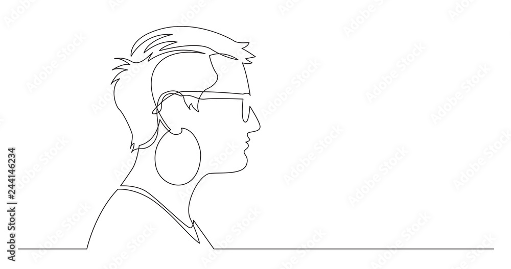 profile portrait of short-haired woman with big earrings - continuous line drawing on white background profile portrait of short-haired woman with big earrings - continuous line drawing on white background