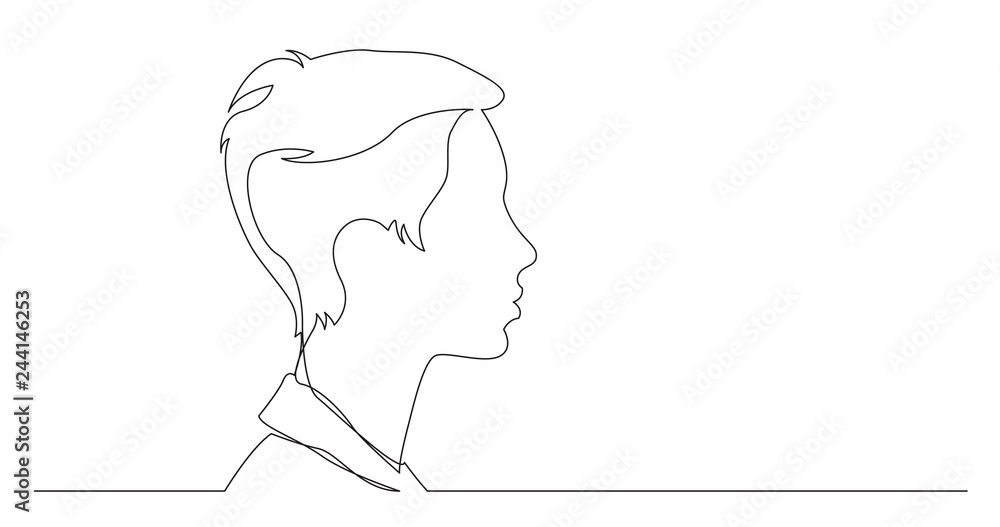 profile portrait of teenage girl with short hairstyle - continuous line drawing on white background