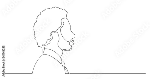 profile portrait of young black man with big curly hairstyle - continuous line drawing on white background