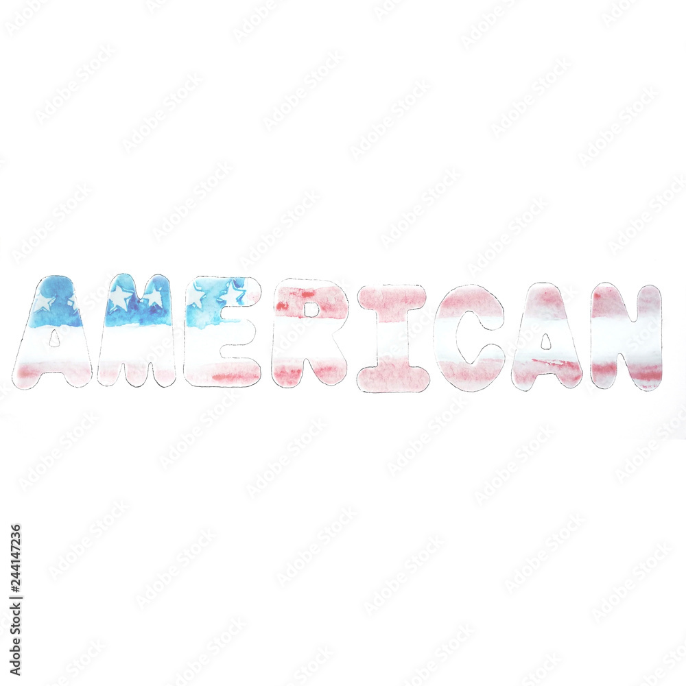 Alphabet letter and figures the American flag watercolor , typography on independence day, USA, Watercolor sketch Alphabet letter and figures the American flag watercolor , typography on independence day, USA, Watercolor sketch