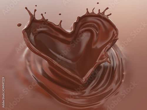 Chocolate Splash In Heart Shape, Love of Valentine's day celebration, 3d illustration.