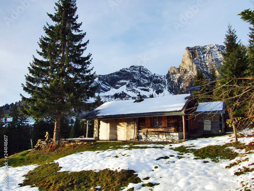 A late autumn atmosphere on pastures and farms in the valley of Seez river and on the Malun mountain plateau - Canton of St. Gallen, Switzerland photo