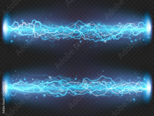 Lightning flash discharge of electricity on transparent background. Blue electrical visual effect. EPS 10