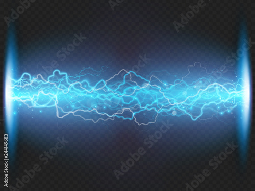 Lightning flash discharge of electricity on transparent background. Blue electrical visual effect. EPS 10