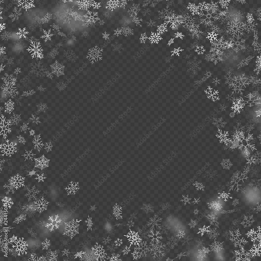 Realistic falling Christmas decoration snowflakes effect isolated on transparent background. Falling snow pattern. Magic white snowfall. EPS 10