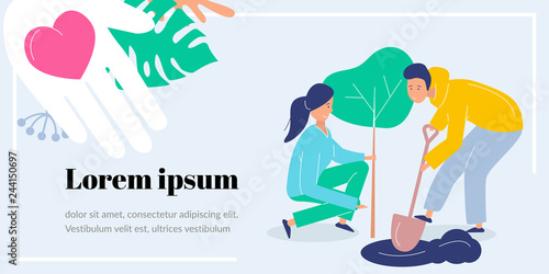 Girl and boy volunteers plant a tree. Landscaping the planet. Vector flat modern illustration. Template for banner, greetings, cards.