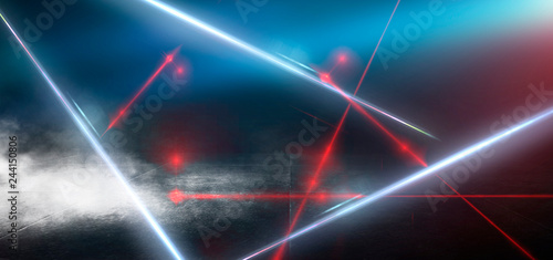 Dark room, street, tunnel, corridor, background with searchlight rays and a red laser beam, smoke, smog, dust. Abstract dark blue background with neon and rays. 