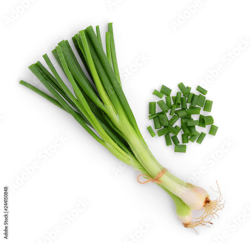 green onion isolated on white background, flat lay, top view