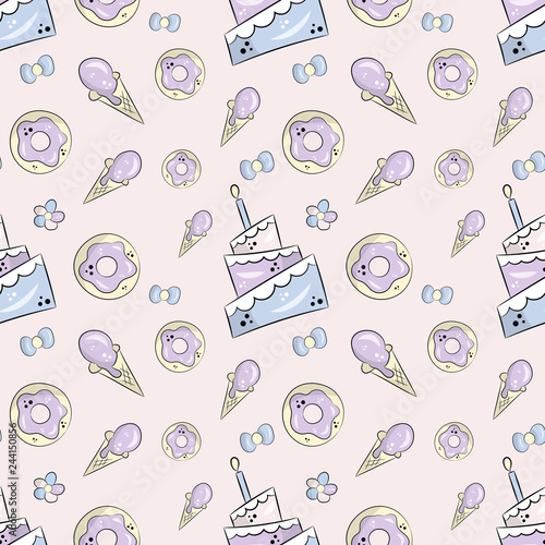 Vector pattern with cute cake, cice cream, donut and stars. Magic hand draw background