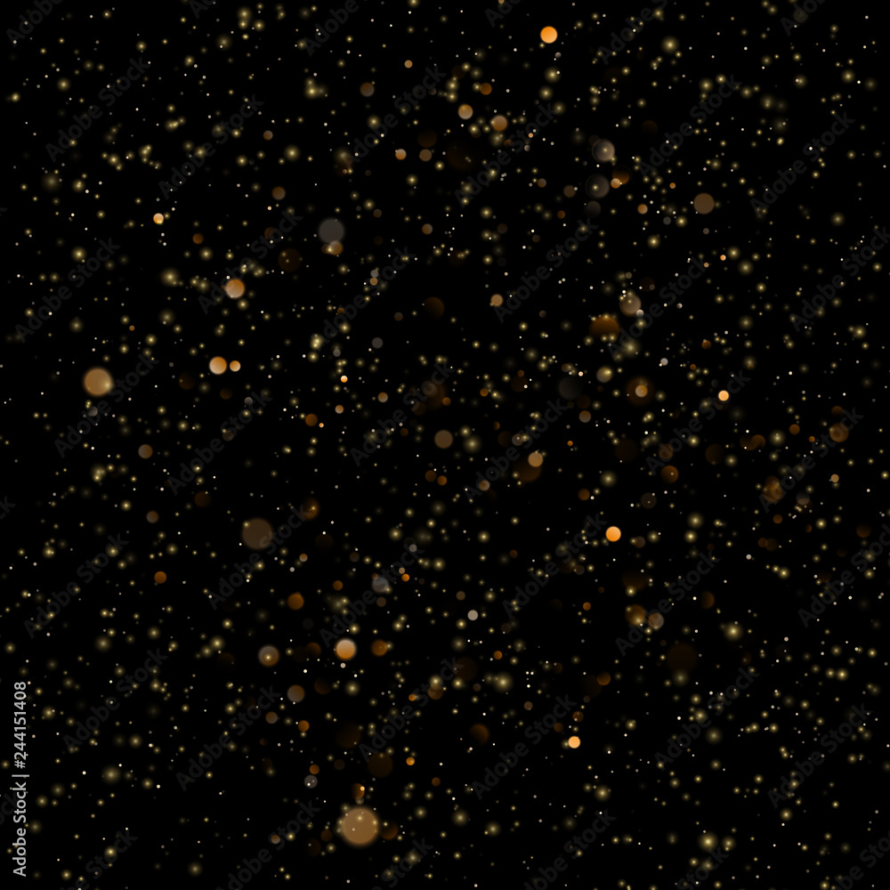 Abstract gold sparkle shine light confetti bokeh on glittering black background. Luxury shimmer texture template. EPS 10