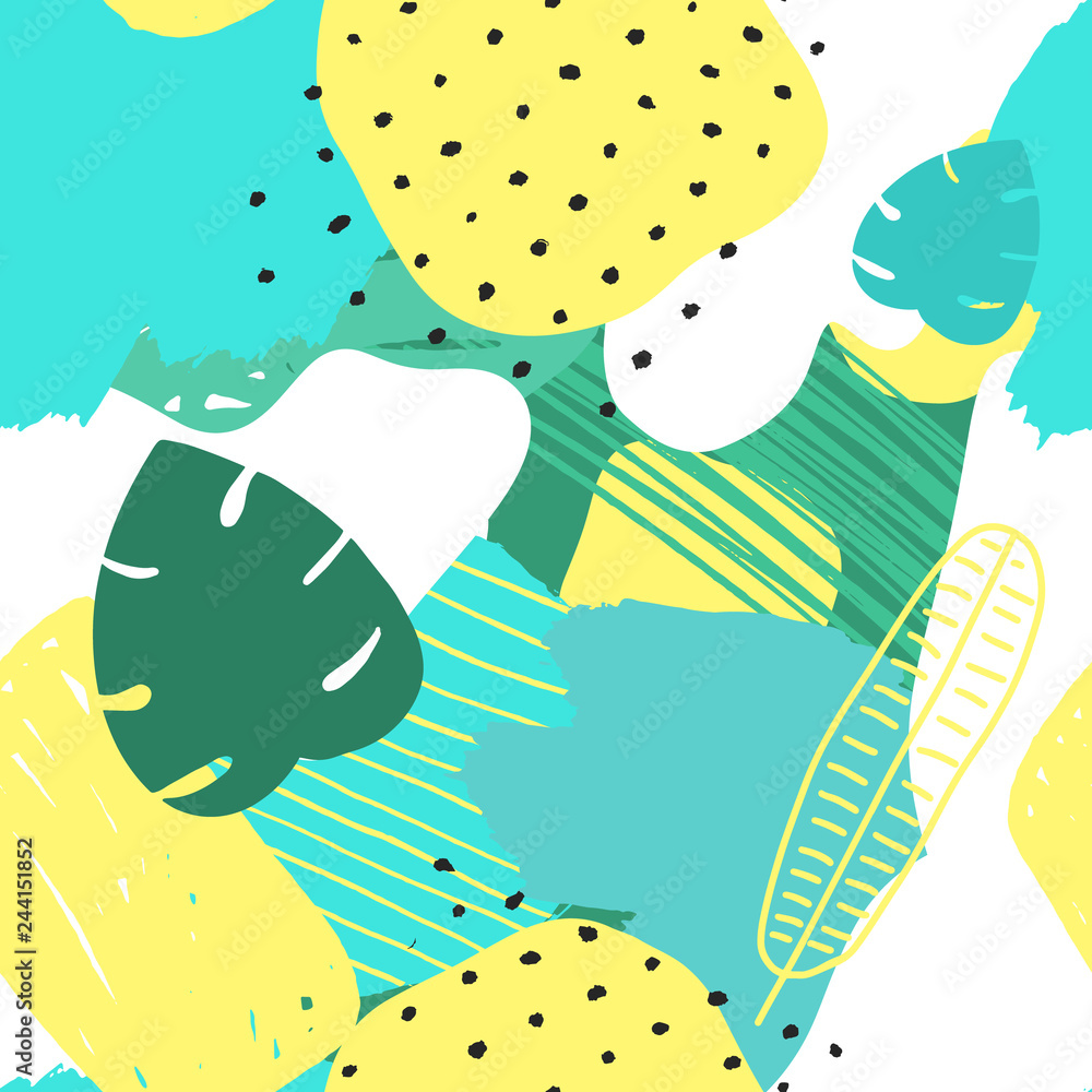 Fototapeta premium Vector Abstract Tropical Seamless Pattern. Colorful Hand drawn Elements, Paper Collage. Exotic Jungle Plants Background. Summer Flat Contemporary Design. 