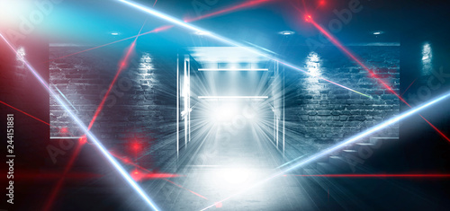 Fototapeta Naklejka Na Ścianę i Meble -  Dark room, a tunnel, a corridor with rays of light and a red laser beam of red color, smoke, smog, dust. Abstract dark blue background with light effect, neon.