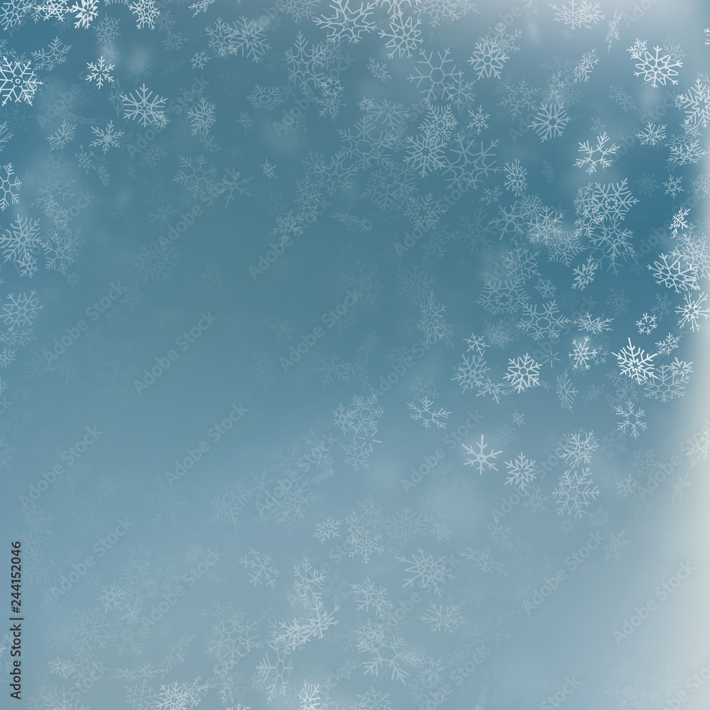 Snowflake flying, card or banner with snow elements, flakes confetti scatter. Cold weather winter symbols. EPS 10