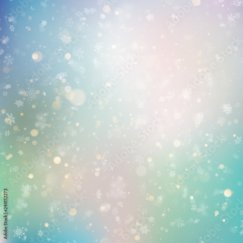Christmas background with white blurred snowflakes. EPS 10