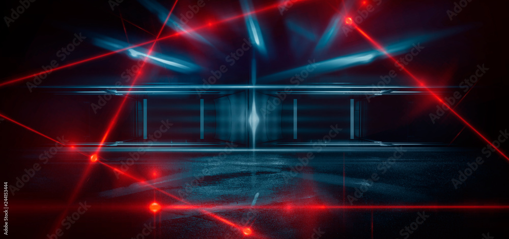Dark room, a tunnel, a corridor with rays of light and a red laser beam of red color, smoke, smog, dust. Abstract dark blue background with light effect, neon. Dark room, a tunnel, a corridor with rays of light and a red laser beam of red color, smoke, smog, dust. Abstract dark blue background with light effect, neon.
