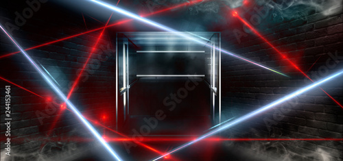 Dark room, a tunnel, a corridor with rays of light and a red laser beam of red color, smoke, smog, dust. Abstract dark blue background with light effect, neon.