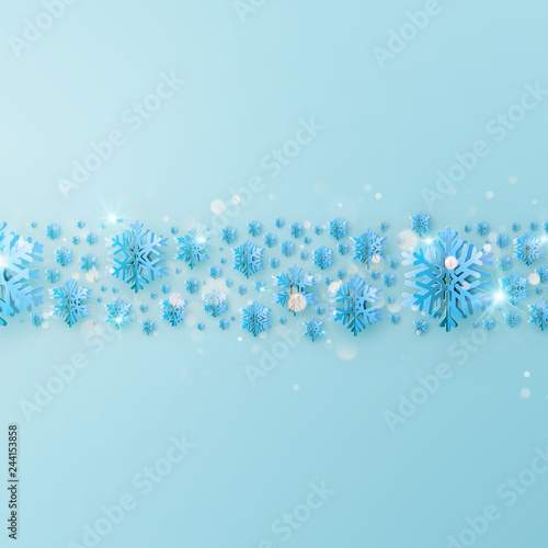 Party poster Merry Christmas invitation template. Border made of cutout gold foil snowflakes. EPS 10