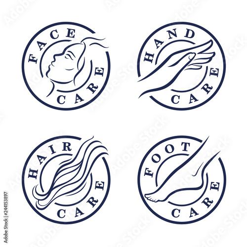 Cosmetic icons or stamps. Logo template. Different parts of a body - face, hand, hair, foot. Vector illustration.