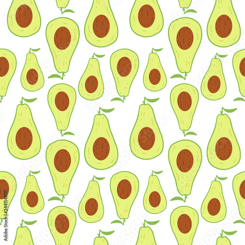Vector seamless pattern with avocado fruit isolated on white background. Exotic tropical fruits. Hand drawn avocado clip art in cartoon style. Textile print.