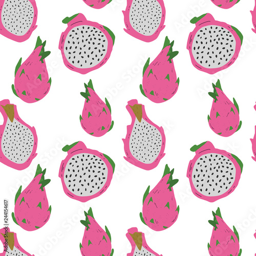 Vector seamless pattern with pink pitayas isolated on white background. Exotic tropical dragon fruit. Hand drawn pitahaya clip art.