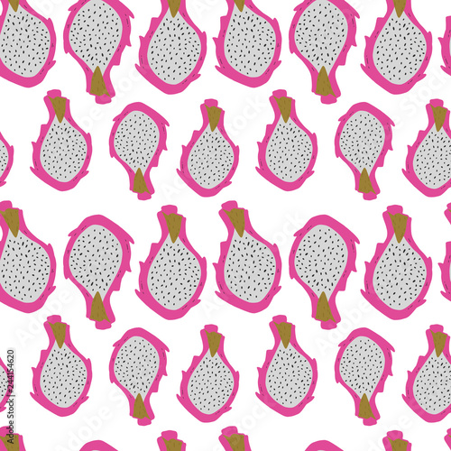 Vector seamless pattern with pink pitayas isolated on white background. Exotic tropical dragon fruit. Hand drawn pitahaya clip art in cartoon style. Textile print.