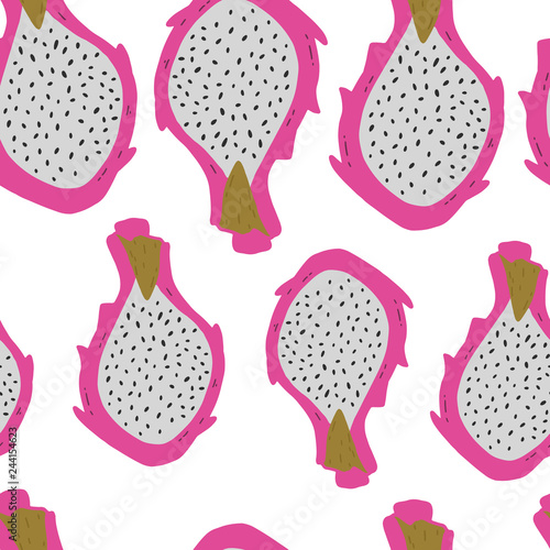 Vector seamless repeating pattern with pink pitayas isolated on white background. Exotic tropical dragon fruit. Hand drawn pitahaya clip art.