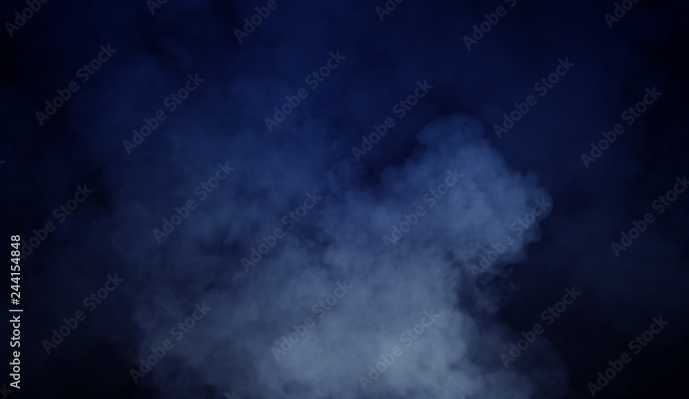 Blue fog and mist effect on isolated black background for text or space