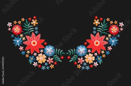 Embroidery pattern with bright colorful flowers for neckline. Floral design for collars of fashion blouses and t-shirts. Vector illustration.