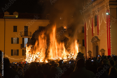 Bild auf Leinwand Big bonfire at night. Bonfire of Saint Anthony, Varese, Italy