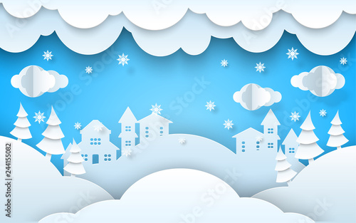 Vector papercut winter landscape xmas new year