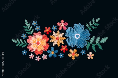 Embroidery design with beautiful flowers. Colorful floral composition on black background. Satin stitch in vector.