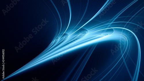 Abstract blue background element on black. Fractal graphics. Three-dimensional composition of glowing lines and mption blur traces. Movement and innovation concept. photo