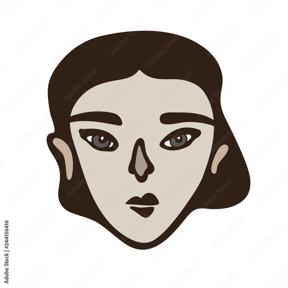 Minimalistic linear female portrait. Dark haired girl, white face with gray eyes. Asian facial features. Scandinavian primitive graphic style. Calm colour combination. Blog, social media feed