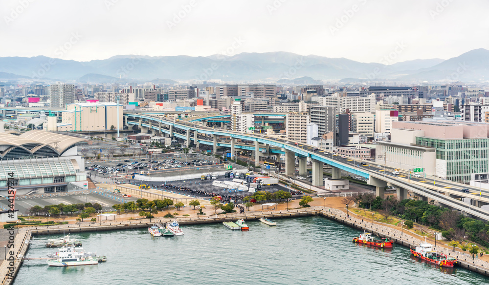city skyline view in hakata port, Fukuoka Japan