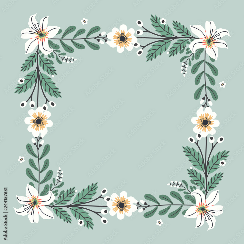 Floral greeting card and invitation template for wedding or birthday anniversary, Vector shape of text box label and frame, Spring flowers wreath ivy style with branch and leaves.