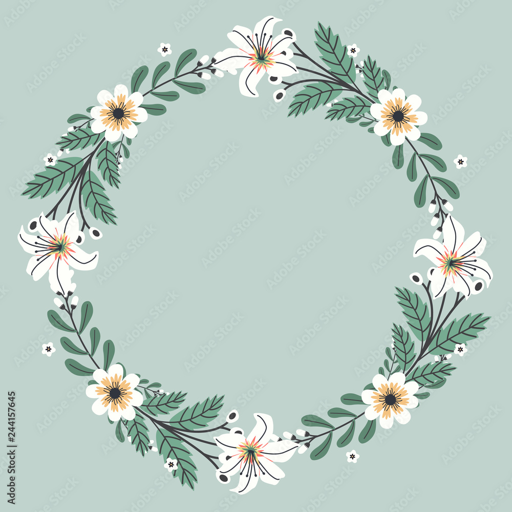 Floral greeting card and invitation template for wedding or birthday anniversary, Vector shape of text box label and frame, Spring flowers wreath ivy style with branch and leaves. Floral greeting card and invitation template for wedding or birthday anniversary, Vector shape of text box label and frame, Spring flowers wreath ivy style with branch and leaves.