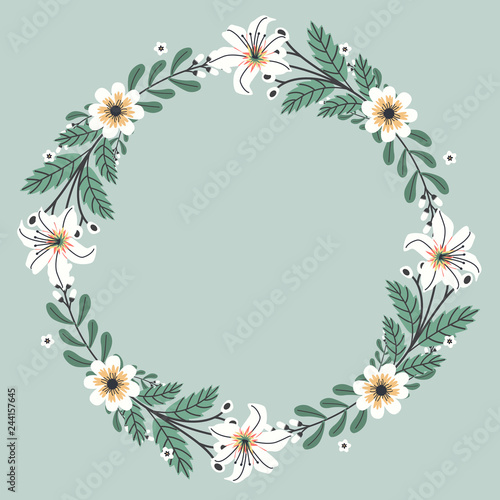 Floral greeting card and invitation template for wedding or birthday anniversary  Vector shape of text box label and frame  Spring flowers wreath ivy style with branch and leaves.