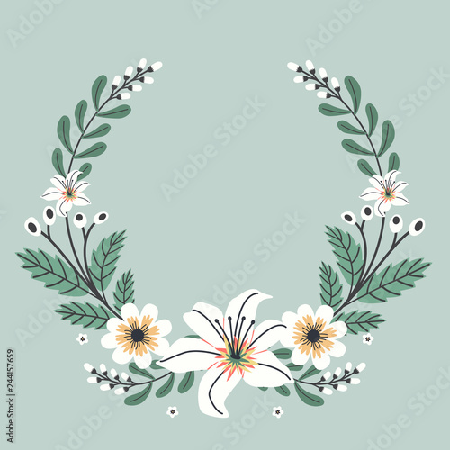 Floral greeting card and invitation template for wedding or birthday anniversary, Vector shape of text box label and frame, Spring flowers wreath ivy style with branch and leaves.