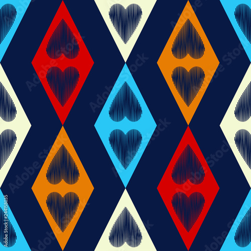 Seamless pattern with decorative hearts with a dashed texture in a diamond frame. Valentine's day. Vector illustration. Can be used for wallpaper, textile, invitation card, web page background.
