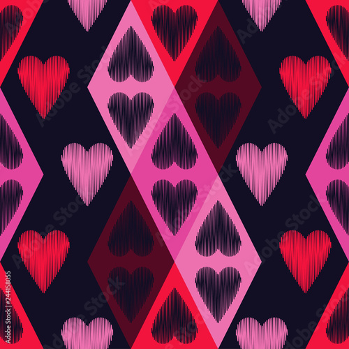 Seamless pattern with decorative hearts with a dashed texture in a diamond frame. Valentine's day. Vector illustration. Can be used for wallpaper, textile, invitation card, web page background.