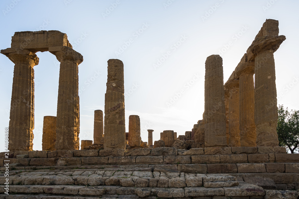 Doric columns of the Temple of Juno at Valle dei Templi (Valley of the Temples), one of the most important archeological site for greek art and architecture, Agrigento, Sicily, Italy