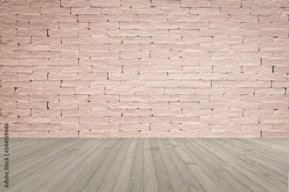 Brick wall painted in red brown color with wooden floor textured background in  sepia brown