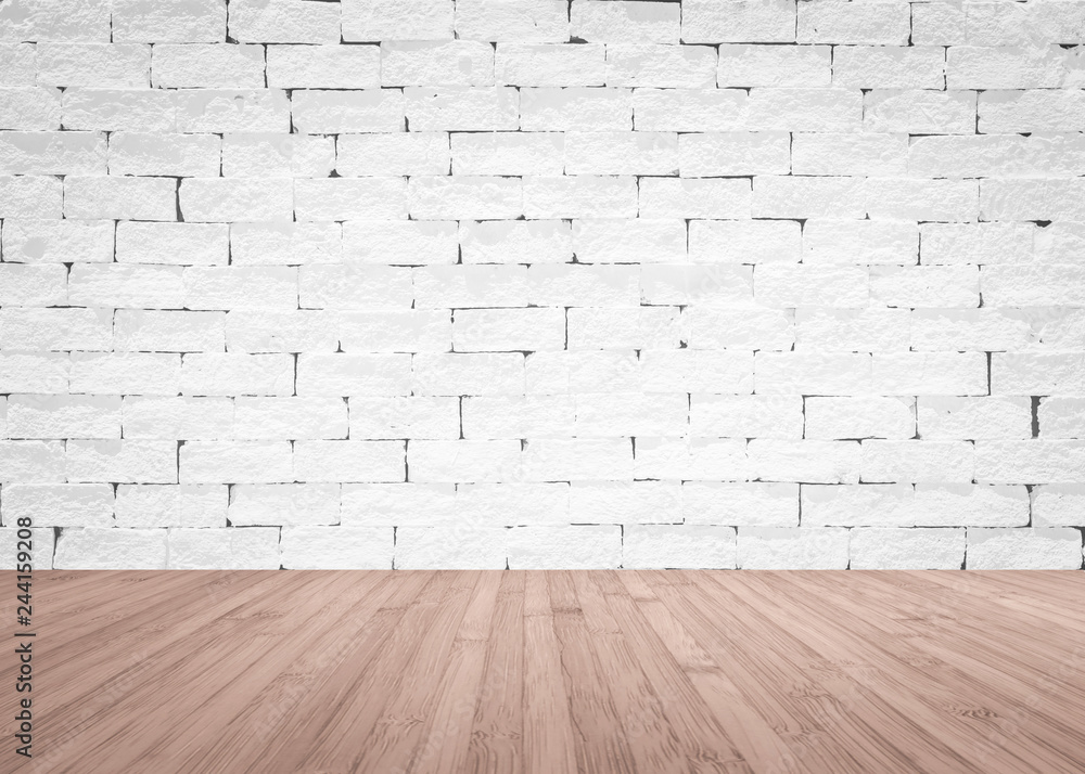 Brick wall painted in white with wooden floor textured background in natural red brown