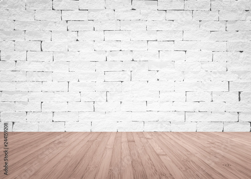 Brick wall painted in white with wooden floor textured background in natural red brown