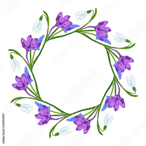 Ready card with primroses. Card with snowdrops, wreath with the first spring flowers. Vector