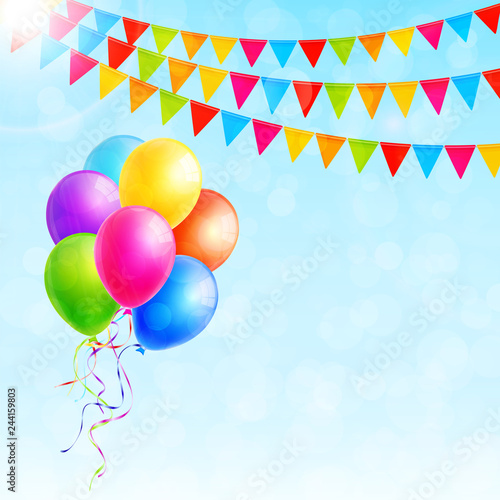 Greeting card with colorful balloons and flags. Vector illustration
