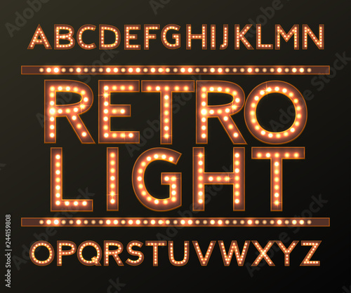 vector golden alphabet with bulb lamps